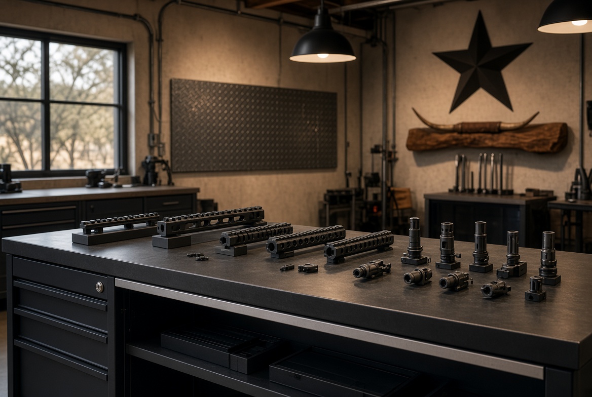 BarWar rails and muzzle devices on a Texas workbench